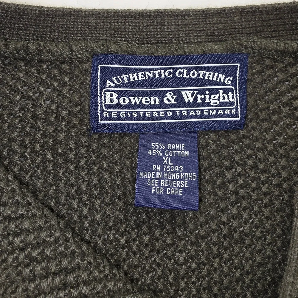 Bowen & Wright Mens XL Olive Green Waffle Knit Henley Sweater Ramie Cotton Blend